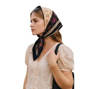 Vintage Aker Silk Scarf Floral Stripe Black Pink Green Turkish Square Scarf 34"